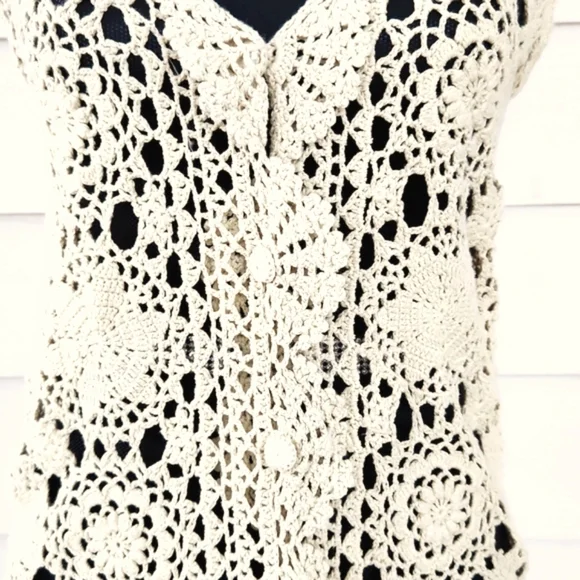 VTG Crochet Lace Ecru Beige Cream COLOUR EIGHTEEN Long Tunic Vest Mini Dress (M) - Picture 6 of 11